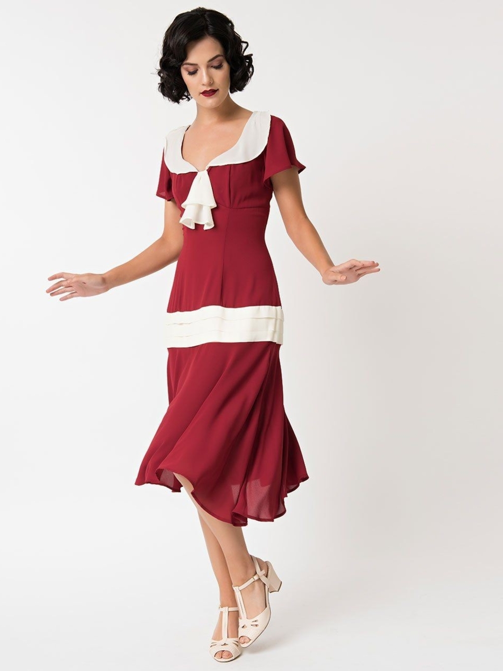 Unique Vintage Flapper Burgundy Midi Dress with Cream Trim